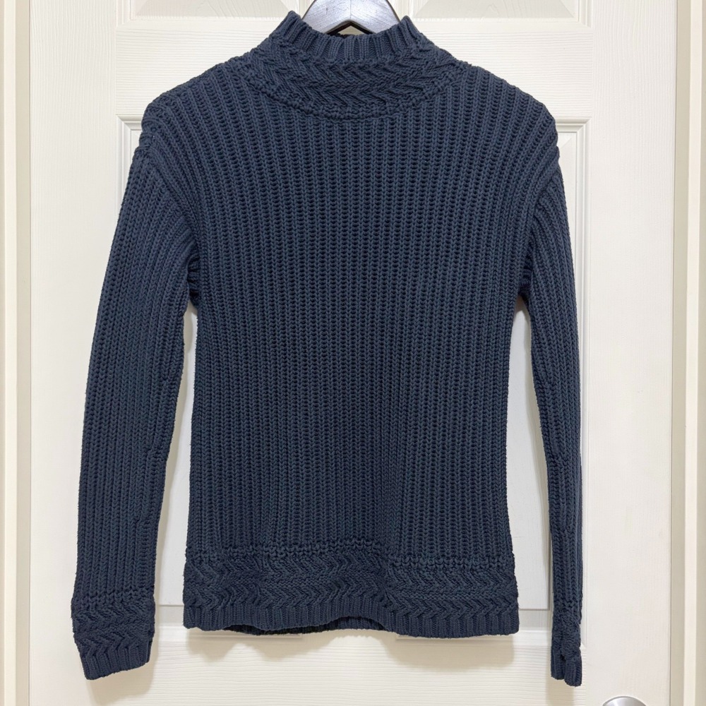 LL Bean Signature Ribbed Mock Neck Cotton Sweater XS Navy Blue Coastal Nautical